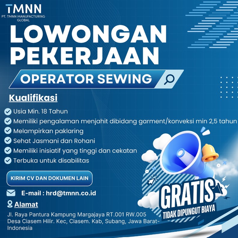 Lowongan Kerja PT. TMNN Manufacturing Global Subang November 2024