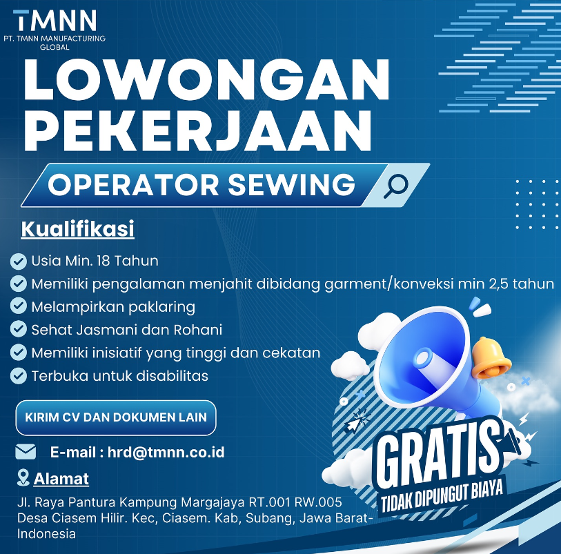 Lowongan Kerja PT. TMNN Manufacturing Global Subang