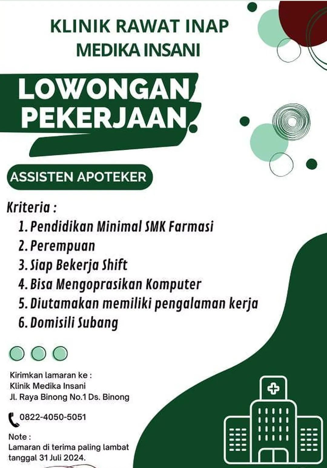 Lowongan Kerja Klinik Medika Insani Binong (Subang)