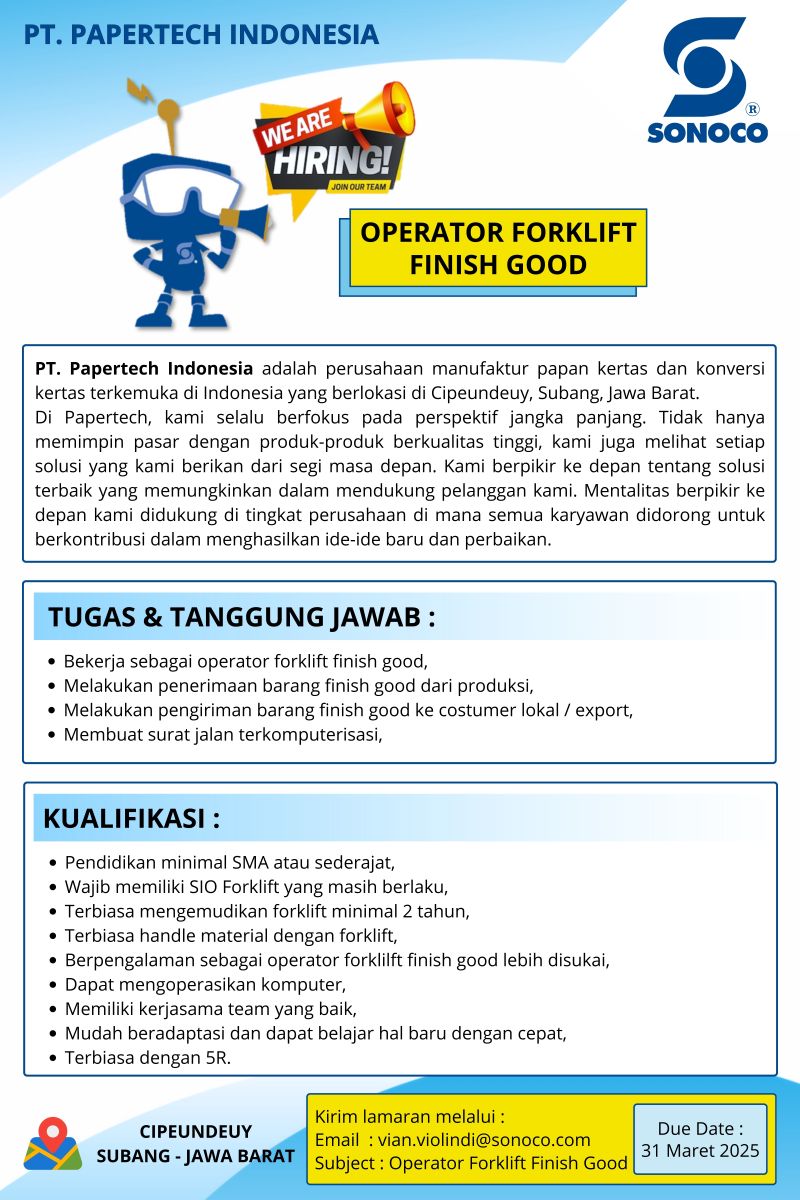 Lowongan Kerja PT Papertech Indonesia Subang Terbaru 2025