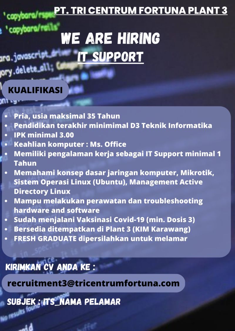 Lowongan Kerja PT Tri Centrum Fortuna Karawang (Plant 3)