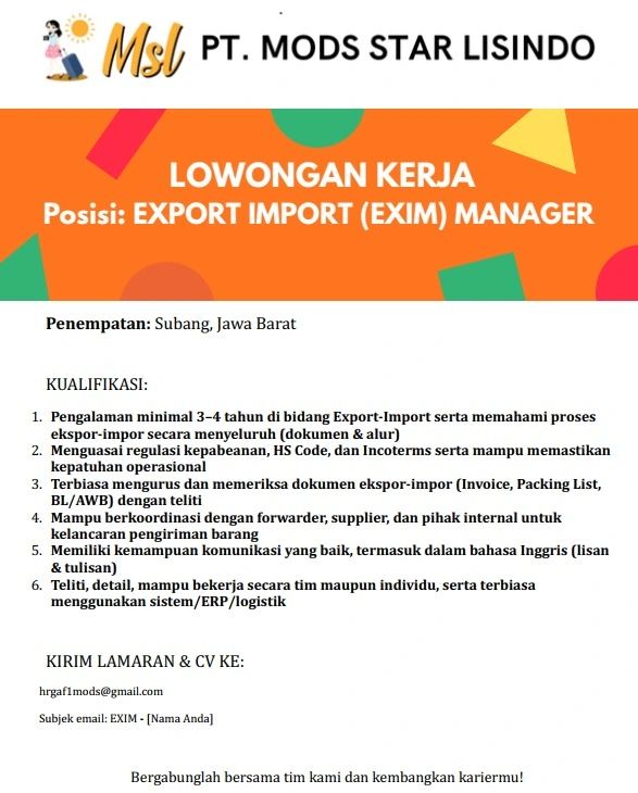 Lowongan Kerja PT Mods Star Lisindo Subang
