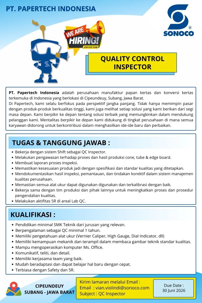 Lowongan Kerja PT Papertech Indonesia Subang