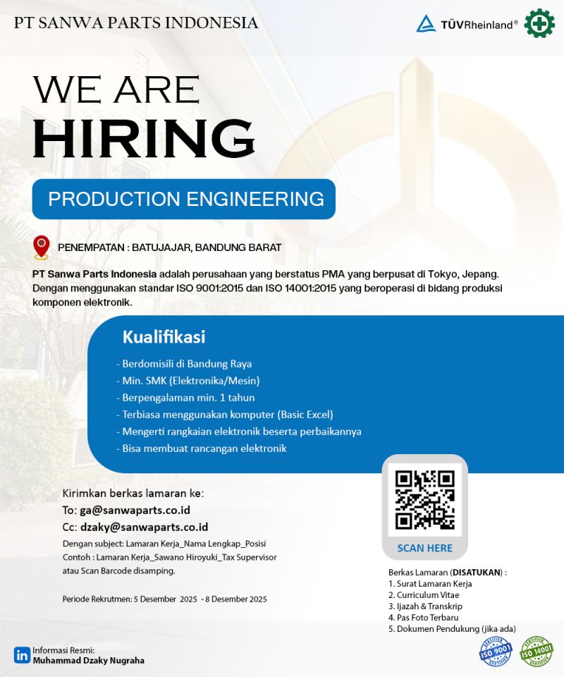 Lowongan Kerja PT Sanwa Parts Indonesia Bandung