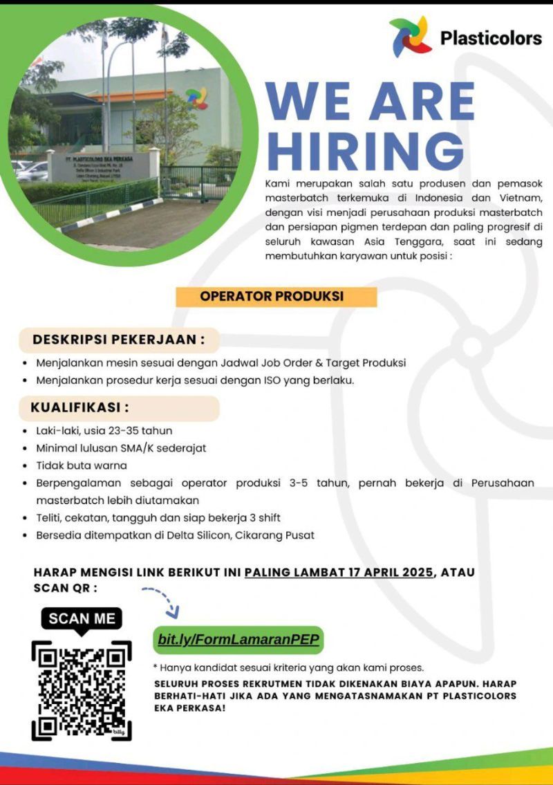 Lowongan Kerja PT. Plasticolors Eka Perkasa Cikarang