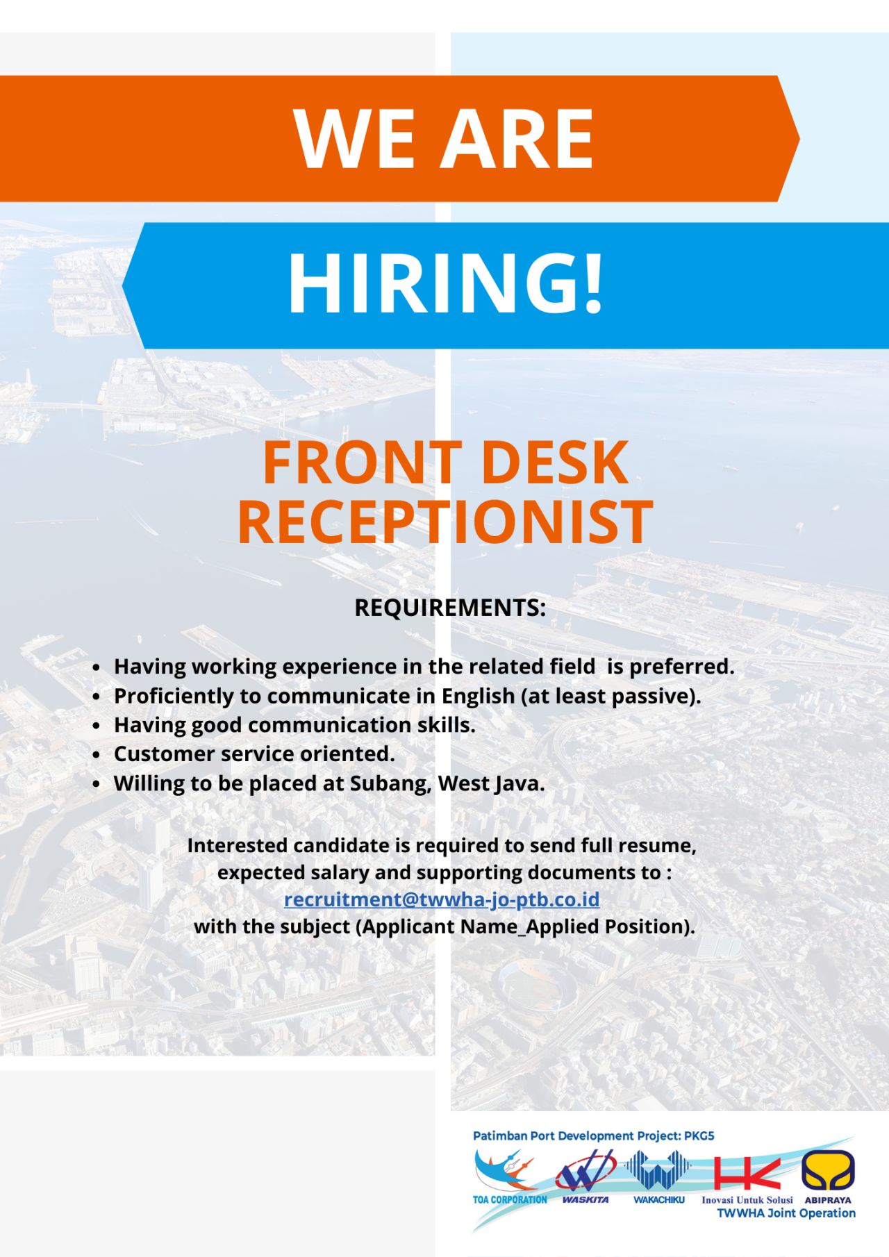 Lowongan Kerja TOA CORPORATION, CI Project Pelabuhan Patimban Subang