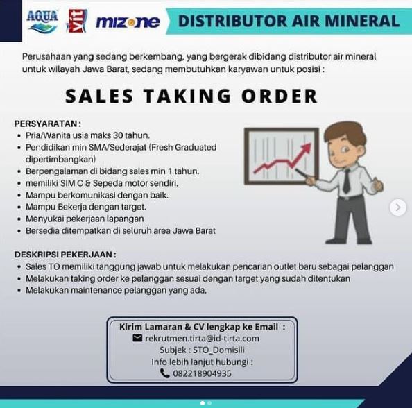 Lowongan pekerjaan Majalengka Distributor Air Mineral posisi Sales Taking Order