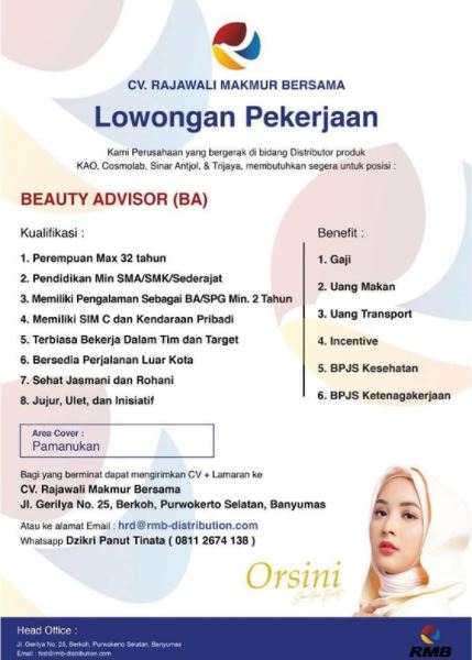 Lowongan Pekerjaan Subang CV. Rajawali Makmur Bersama posisi Beauty Advisor (BA)