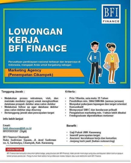 Lowongan kerja Karawang BFI Finance posisi Marketing Agency