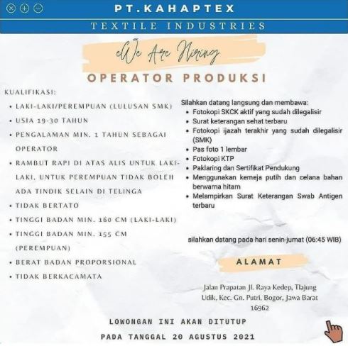 Lowongan Kerja PT. KAHAPTEX posisi Operator Produksi 