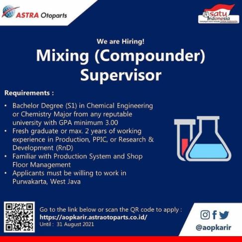 Lowongan Kerja Purwakarta ASTRA Otoparts posisi Mixing (Compounder) Supervisor