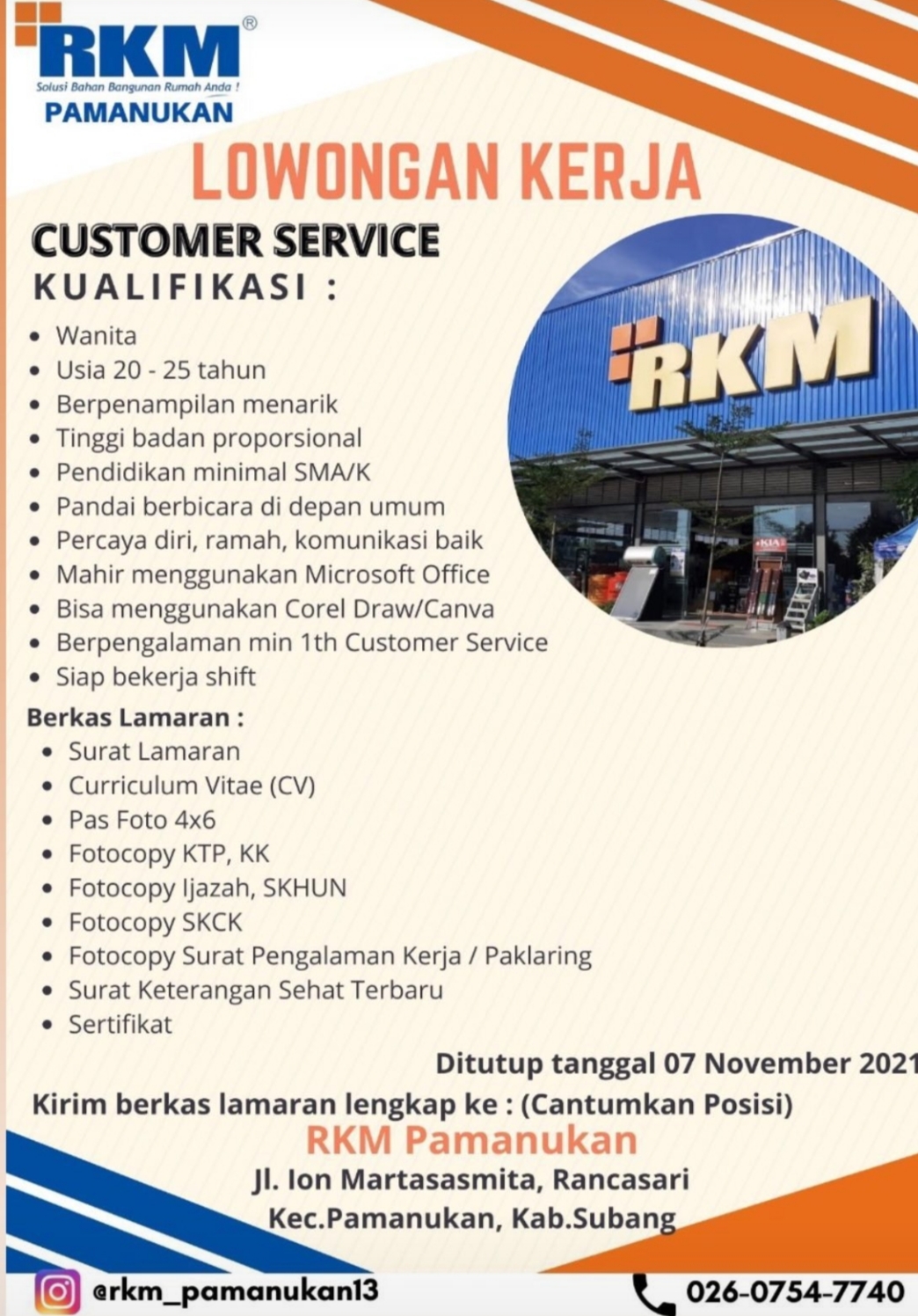Lowongan Kerja RKM Pamanukan posisi Customer Service