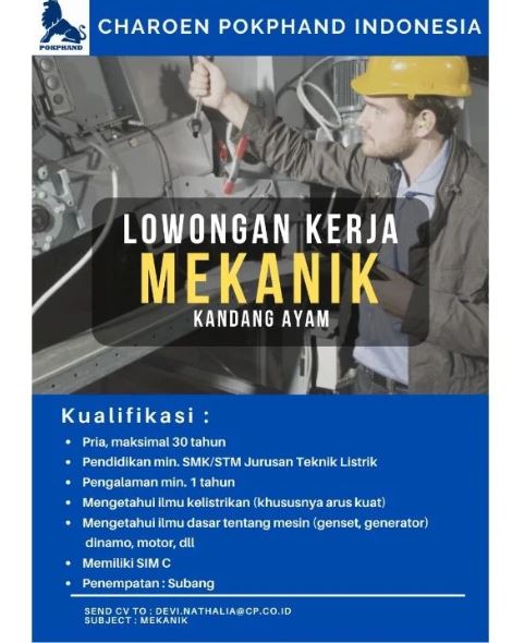 Lowongan Kerja Mekanik PT Charoen Pokphand Indonesia Tbk Subang