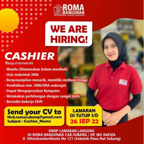 Lowonga Kerja Cashier ROMA Bangunan Subang