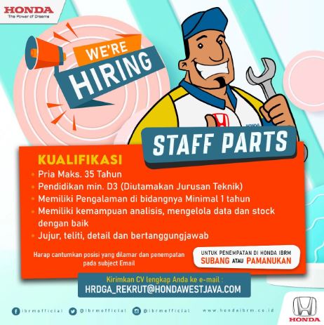 Lowongan Kerja Honda IBRM Subang (Staff Parts)