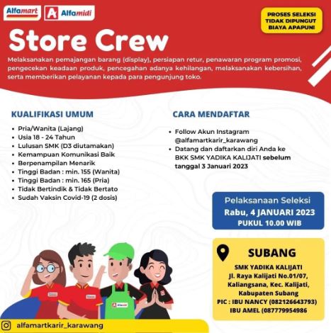 Lowongan Kerja Store Crew Alfamart Subang Januari 2023