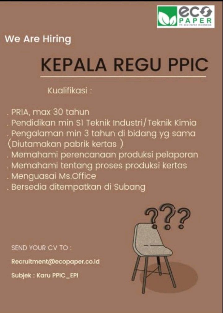 Lowongan Kerja PT Eco Paper Indonesia Subang (Kepala Regu PPIC)